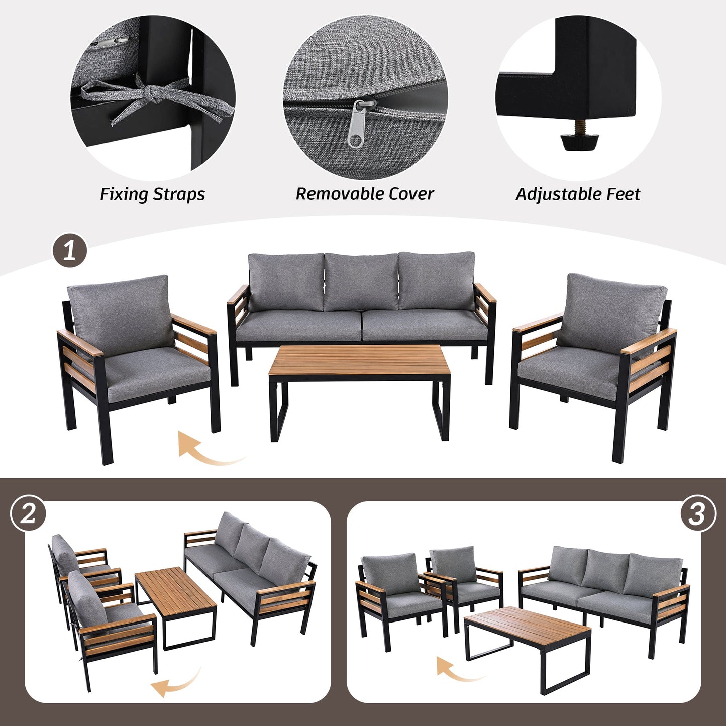 4-Piece Outdoor Furniture Sofa Set for 5 People with  Acacia Wood