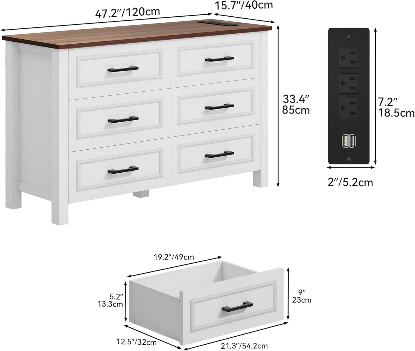 6-Drawer Dresser with Built-In Power Outlet, Wood Dresser TV Stand