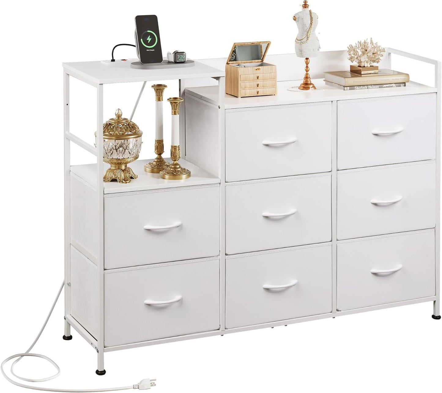White Dresser TV Stand with Charging Station and Drawers