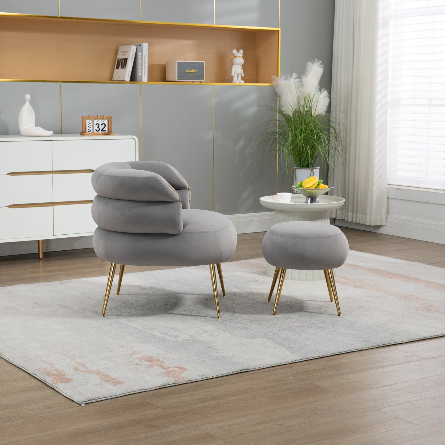 Upholstered Velvet Barrel Accent Chair with Ottoman,Accent Comfy