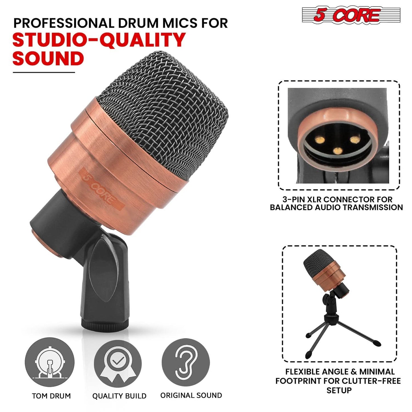 5Core Drum Mic Kit 7 Pcs Kick Bass Tom Snare Dynamic Microphone