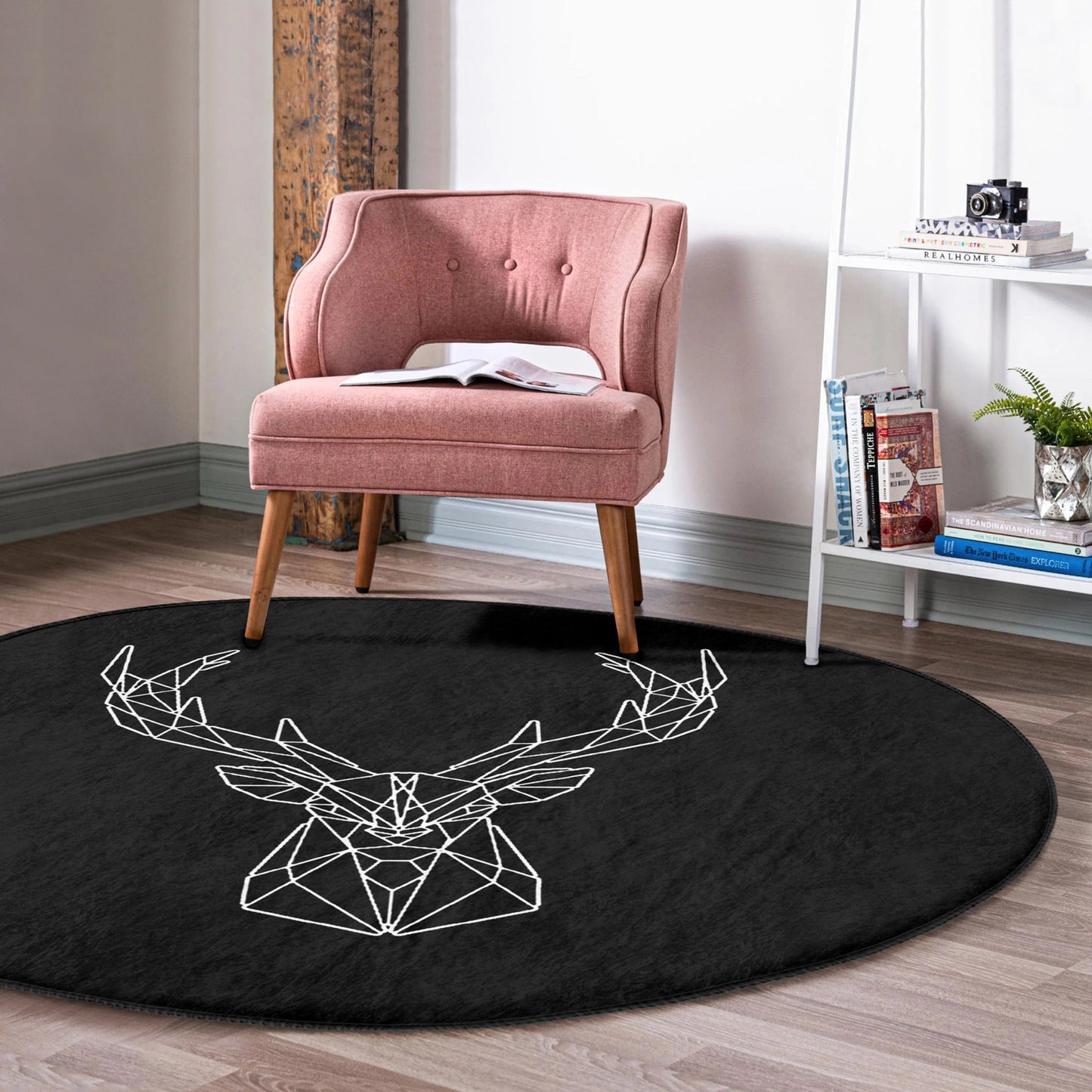 Deer Round Rug, Black Deer Patterned Area Rug, Non Slip Circle Carpet,