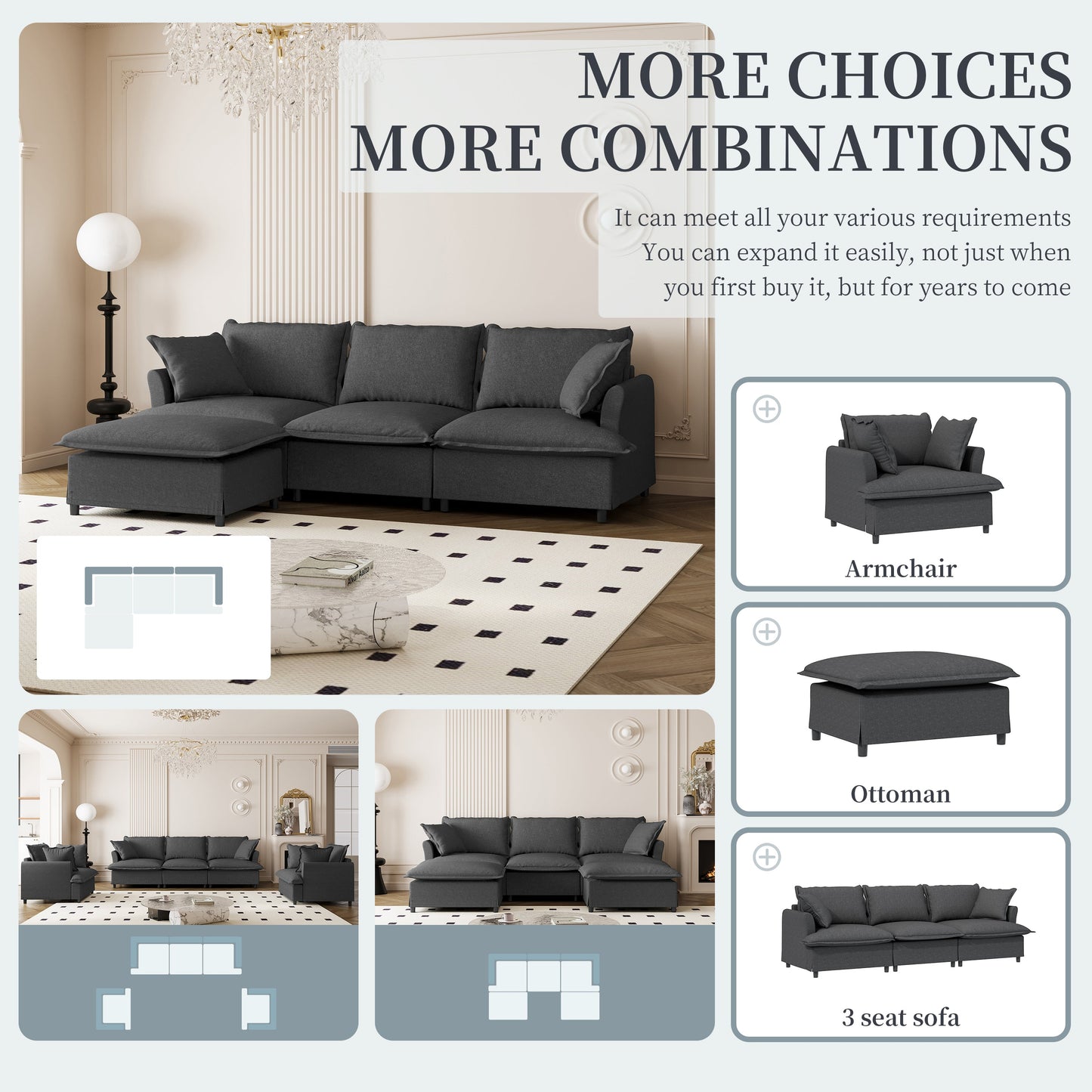 Chenille Sectional Sofa with Ottoman,L Shaped Cloud Couch Set with