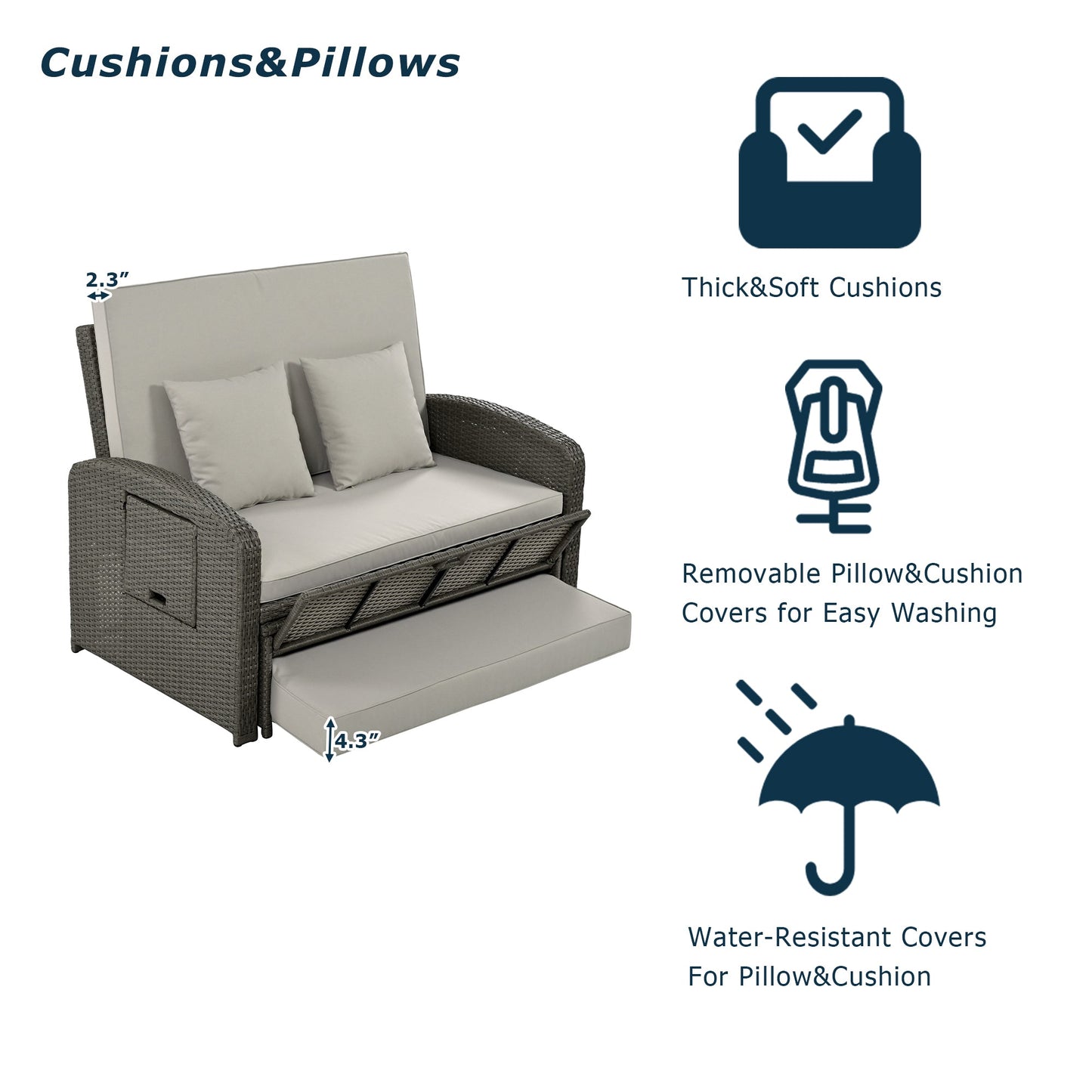 PE Wicker Rattan Double Chaise Lounge, 2-Person Reclining Daybed with
