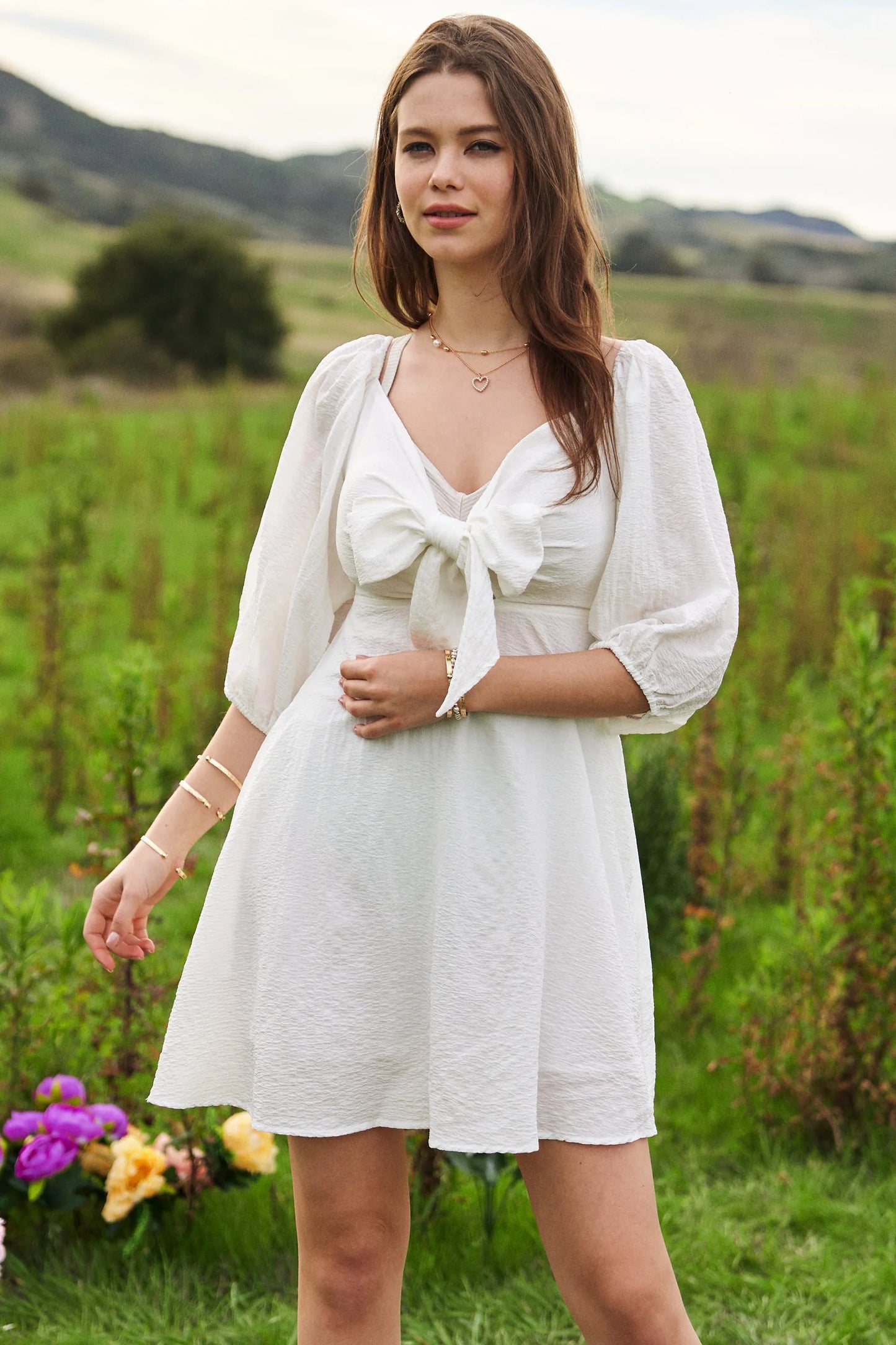 Davi & Dani Self-Tie Puff Sleeve Smocking Open Back Mini Dress