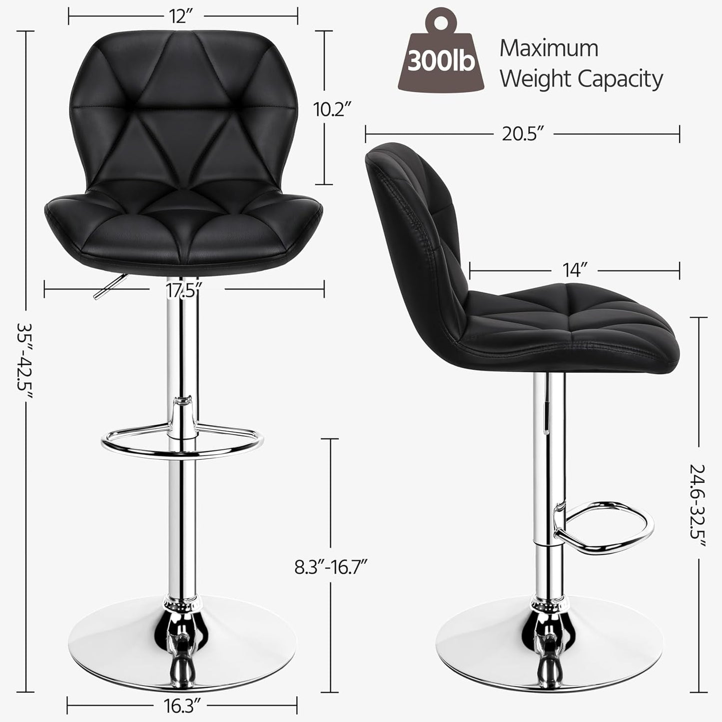 Bar Stools Set of 2, Modern Adjustable Kitchen Island Chairs, Black PU