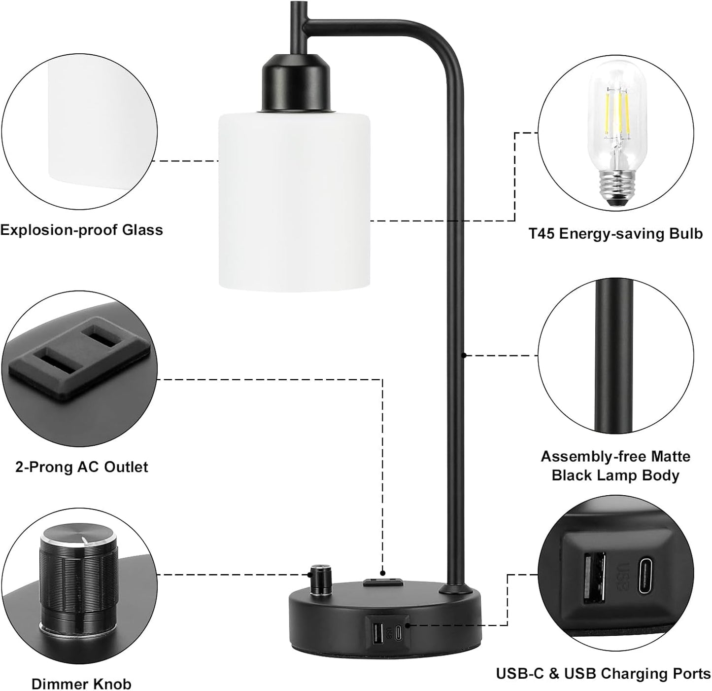 Industrial Bedroom Lamps for Nightstand Set of 2 - Fully Dimmable