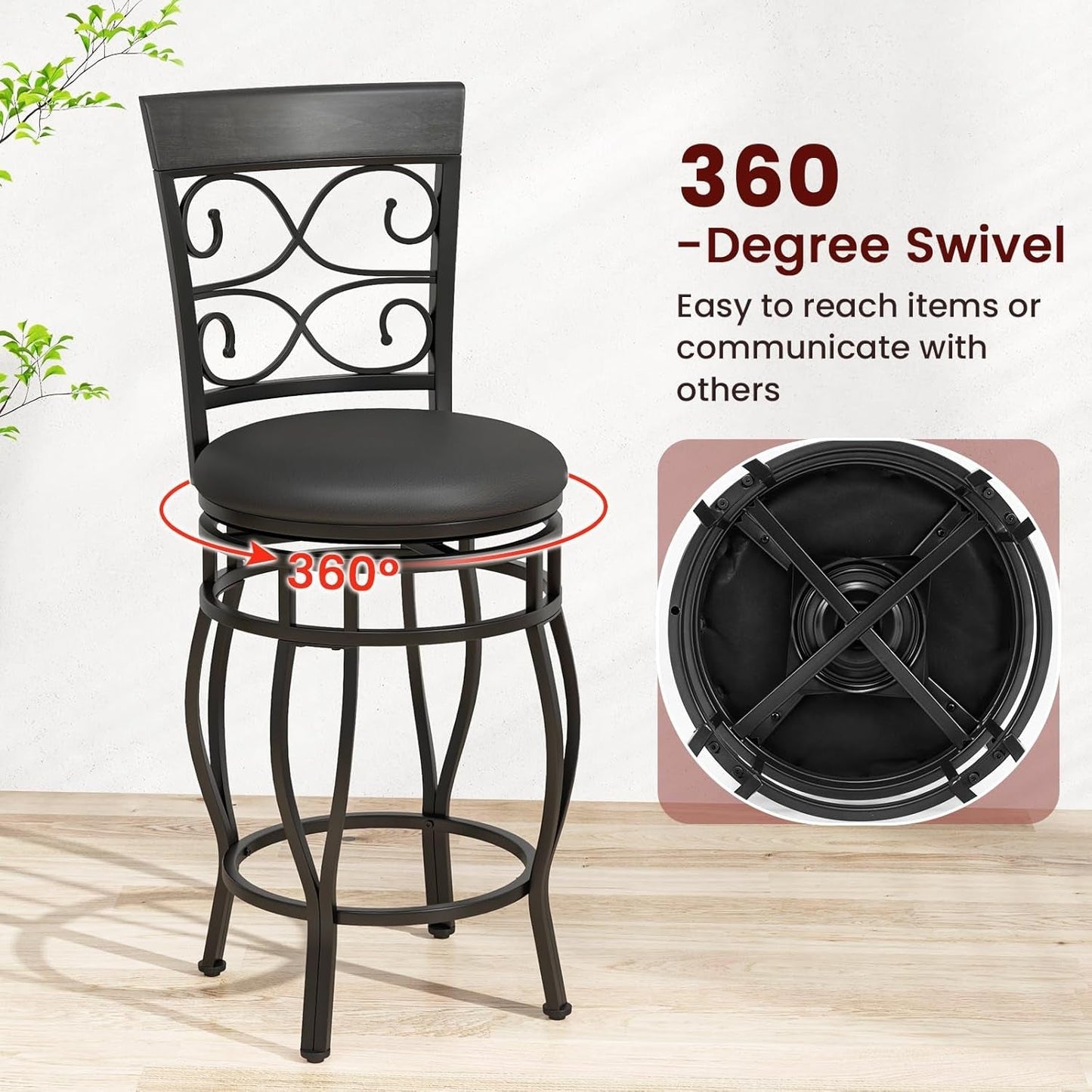 26" Swivel Bar Stools Set of 2, Counter Height Bar Stools with Back,