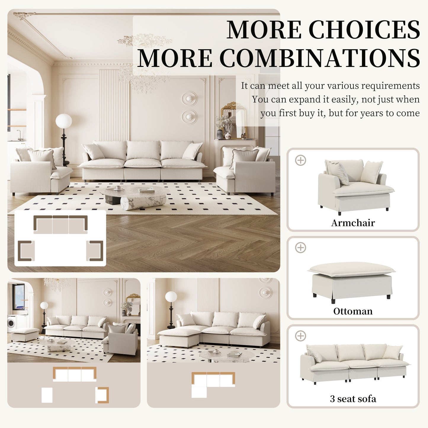 3 Piece Living Room Sofa Set,Modular Chenille Sectional