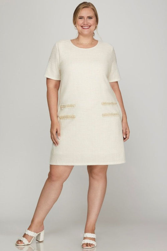 She + Sky Full Size Short Sleeve Pearl Studded Trim Knit Tweed Dress