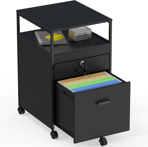 Rolling Mobile File Cabinet W/ 2 Drawers & Open Shelf, Black