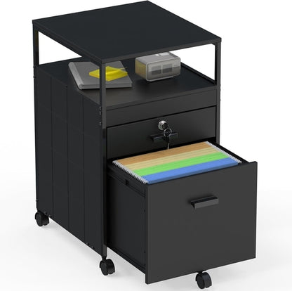 Rolling Mobile File Cabinet W/ 2 Drawers & Open Shelf, Black