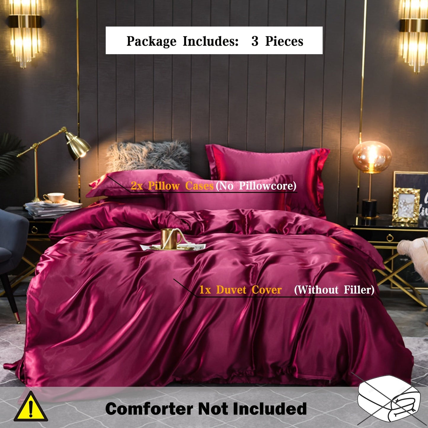 Luxurious Satin 3Piece Duvet Cover Set  Solid Color