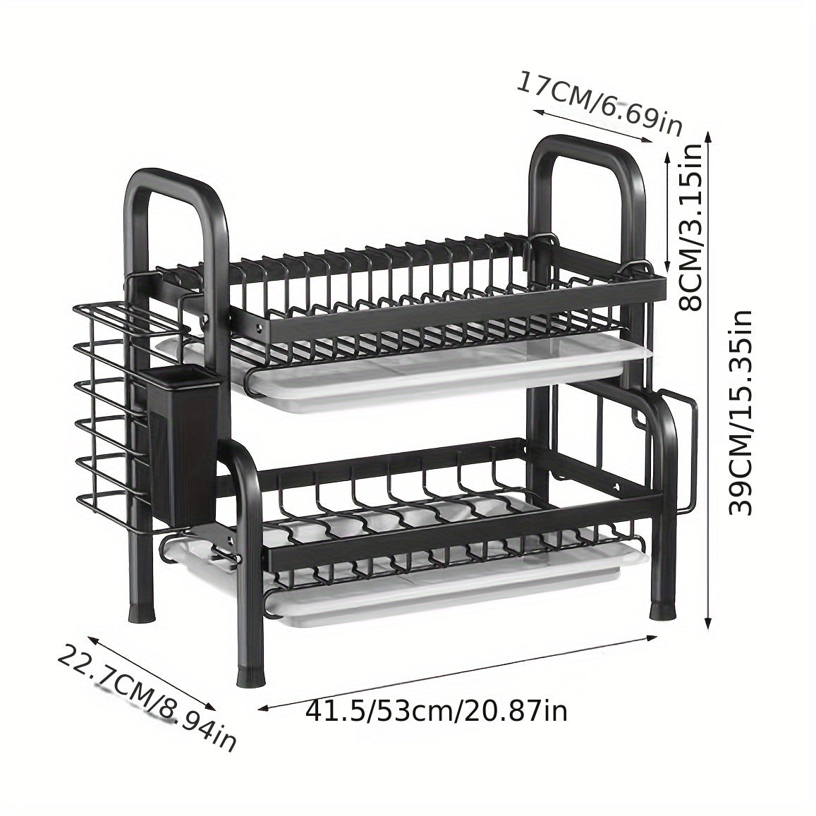 Black Metal Double Tier Dish Rack with Drain Tray and Drip Pan -