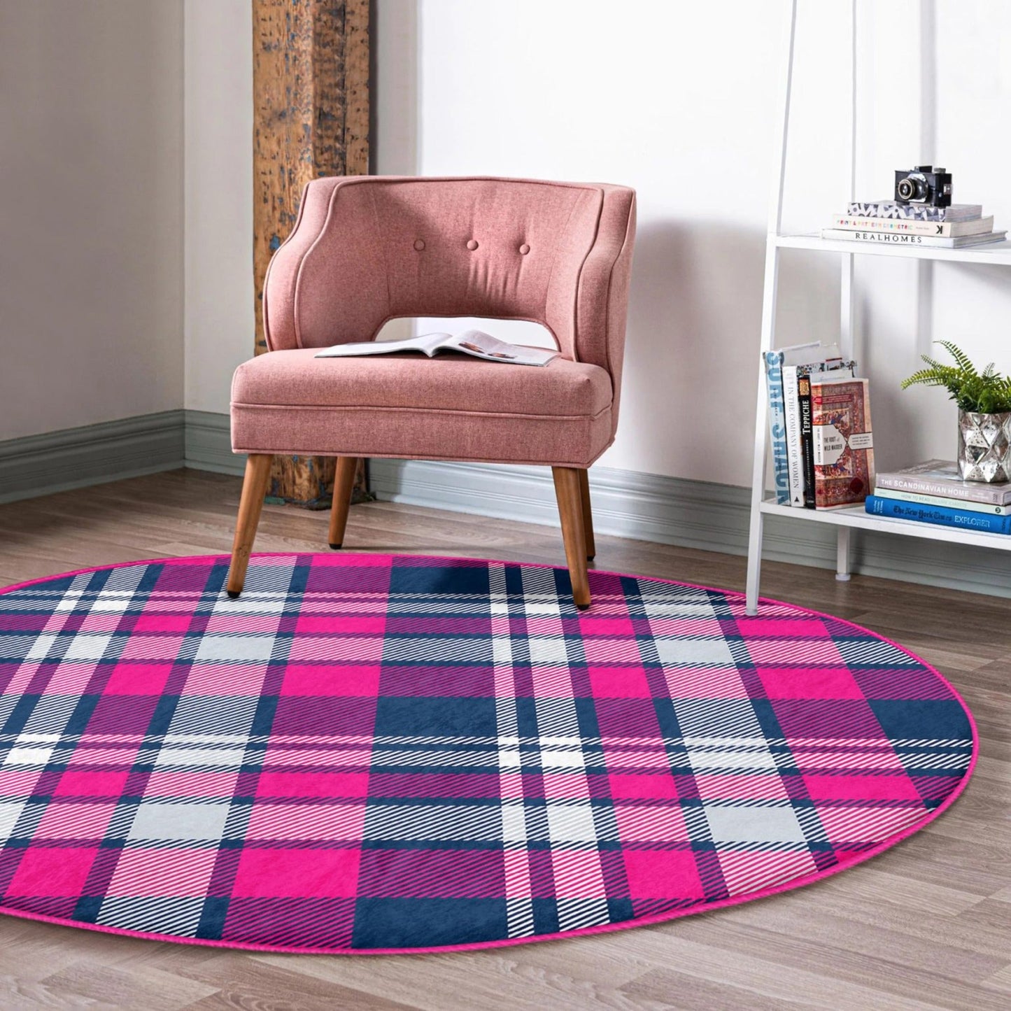 Plaid Patterned Decorative Round Rug, Plaid Living Room Circle Carpet,