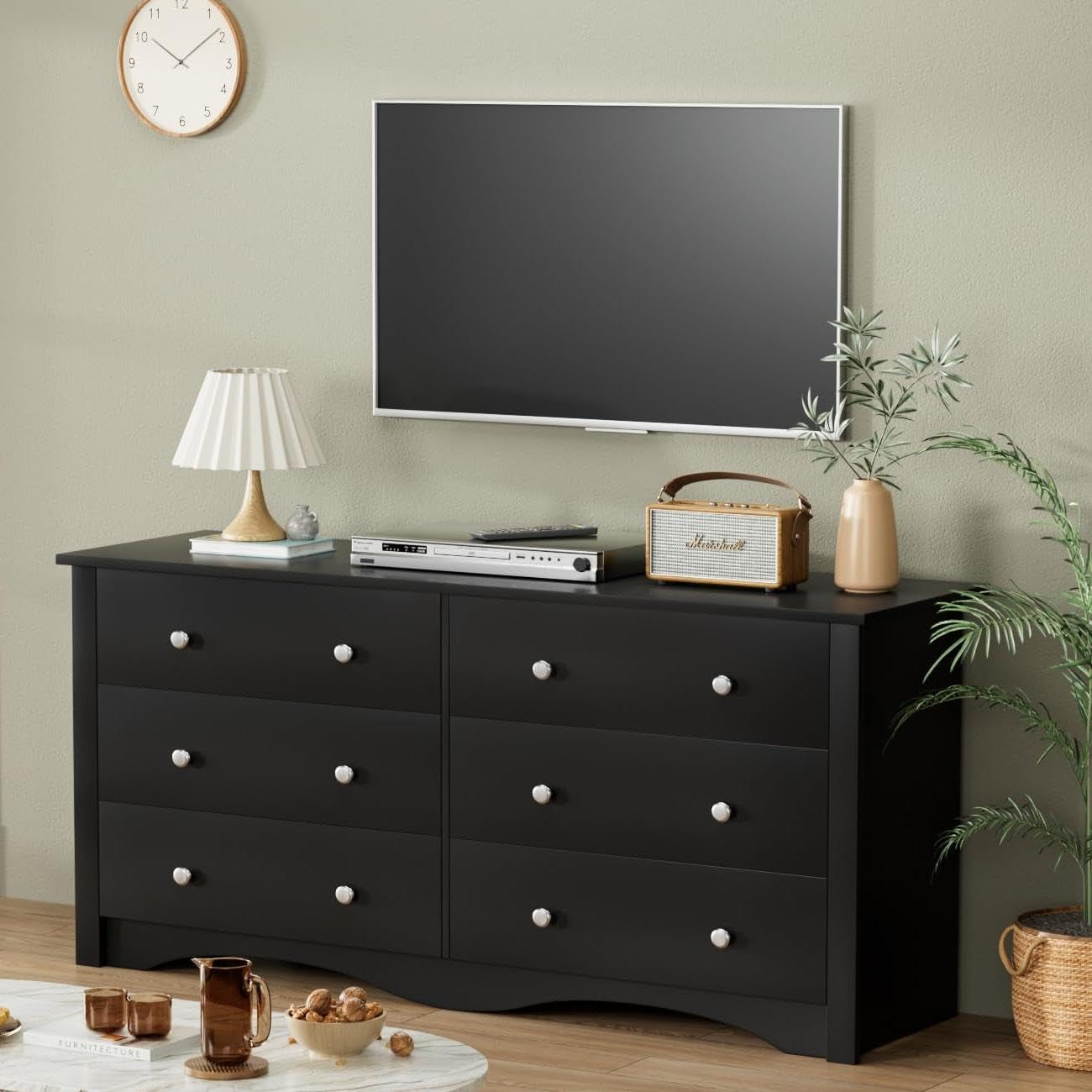 Dresser with 6 Drawer, Wood Wide Chest Storage Organizer and TV Stand