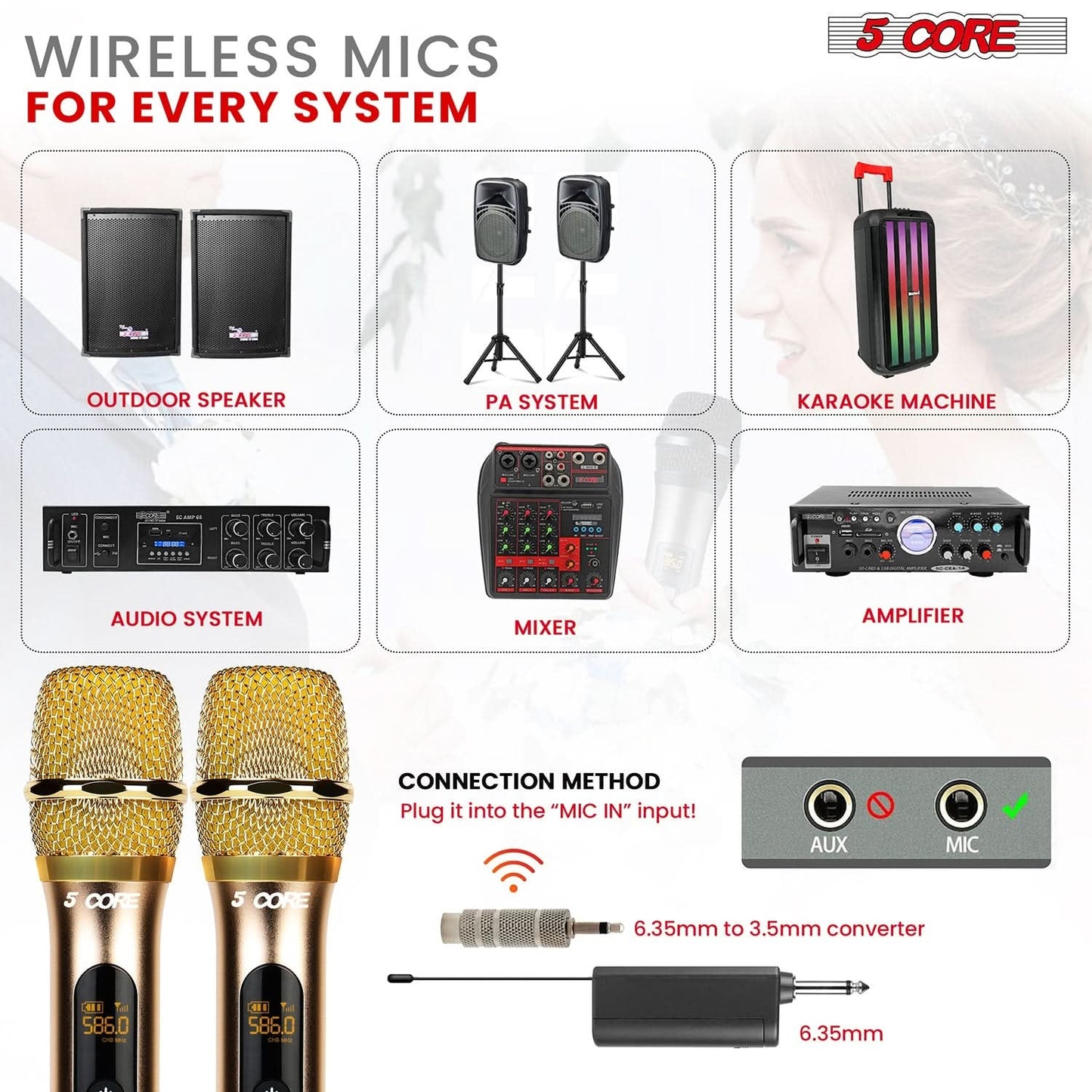 5Core Wireless Microphone Pair UHF Handheld Microfonos Inalambricos
