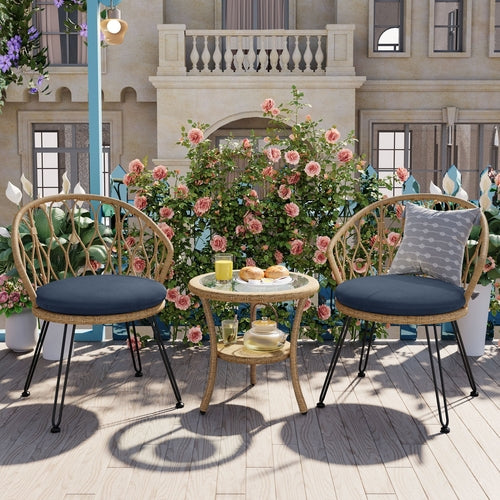 Outdoor Leisure Set, 2 Rattan Single Chairs with A Glass Round Table,