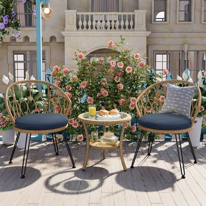 Outdoor Leisure Set, 2 Rattan Single Chairs with A Glass Round Table,