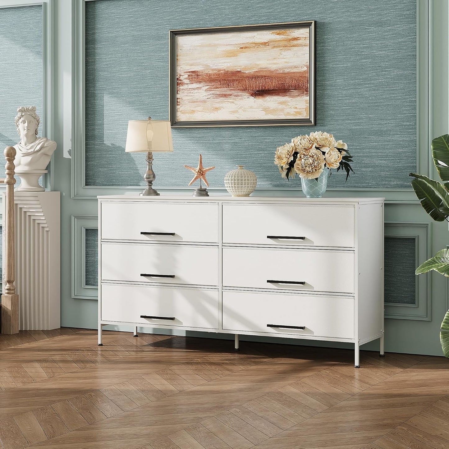 Wide Fabric Dresser, 6 Drawer Dresser TV Stand for 68" TV, Dressers