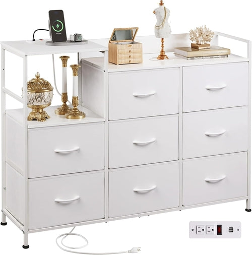 White Dresser TV Stand with Charging Station and Drawers