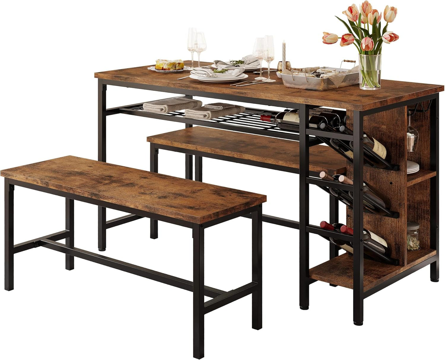 3-Piece Dining Table Set for 4, 47Inch Kitchen Table with 2 Benches,
