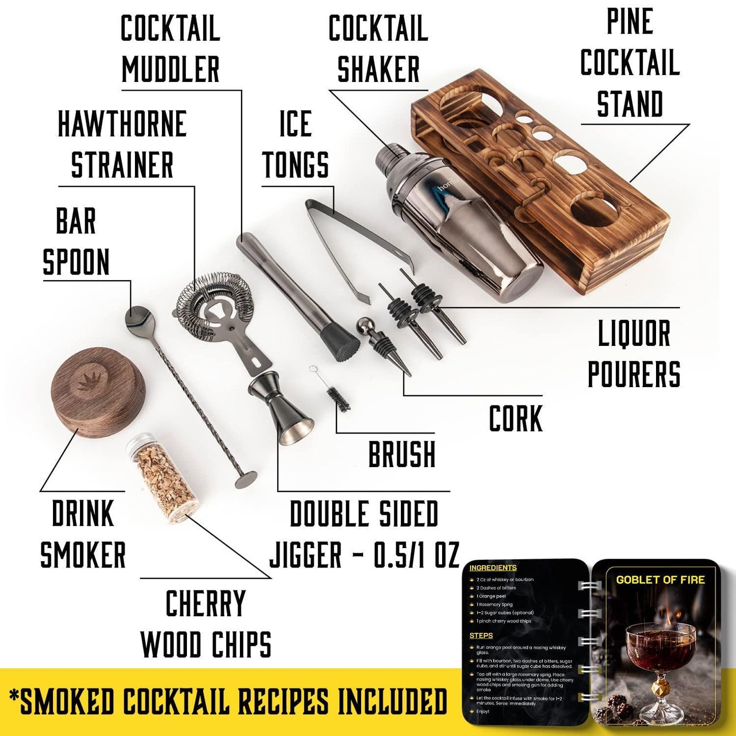 Bartender Kit with Pine Stand Bar Set with Cocktail Shaker Bartending