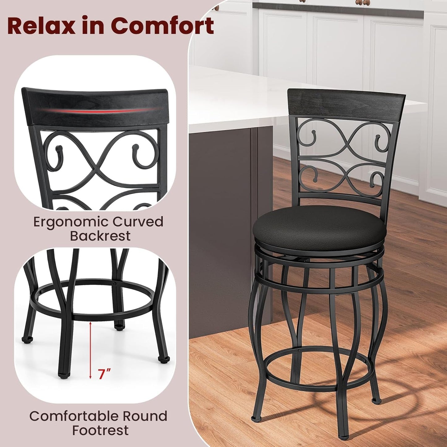 26" Swivel Bar Stools Set of 2, Counter Height Bar Stools with Back,