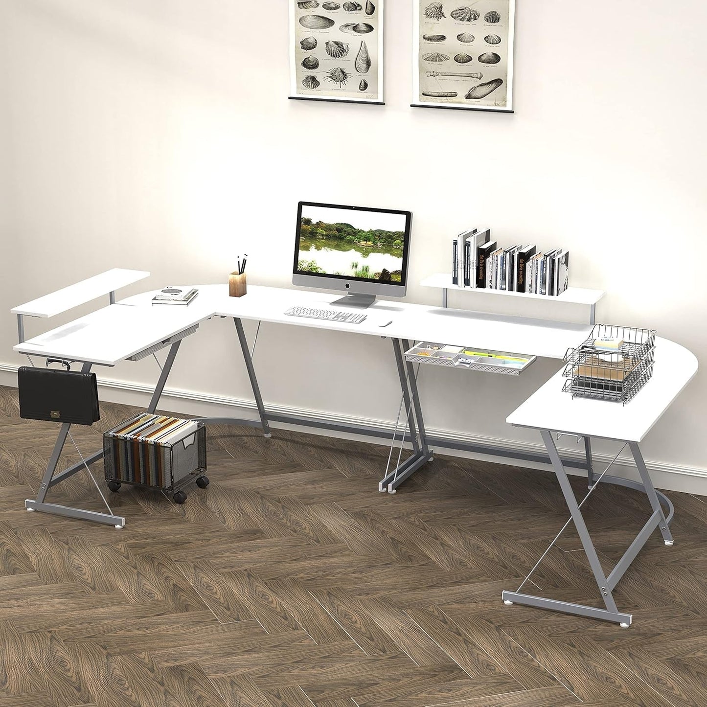 Vista L-Shape Desk with Monitor Stand, White