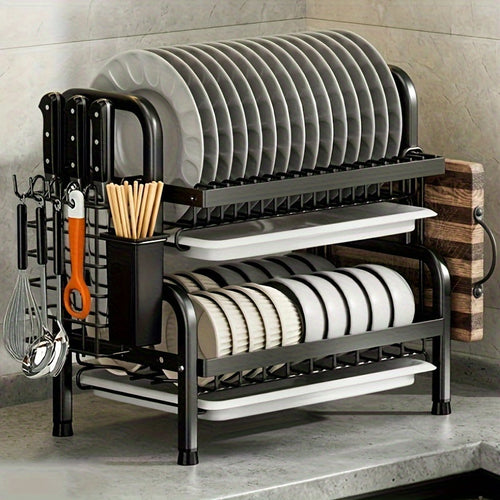 Black Metal Double Tier Dish Rack with Drain Tray and Drip Pan -