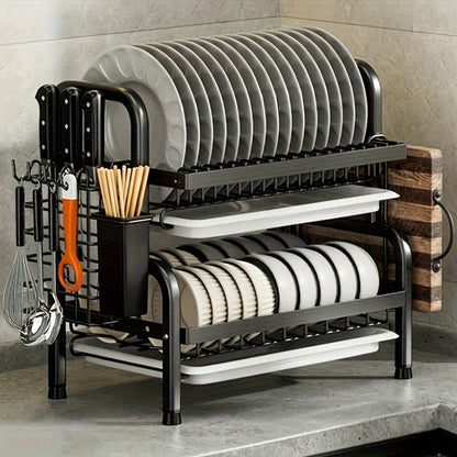 Black Metal Double Tier Dish Rack with Drain Tray and Drip Pan -