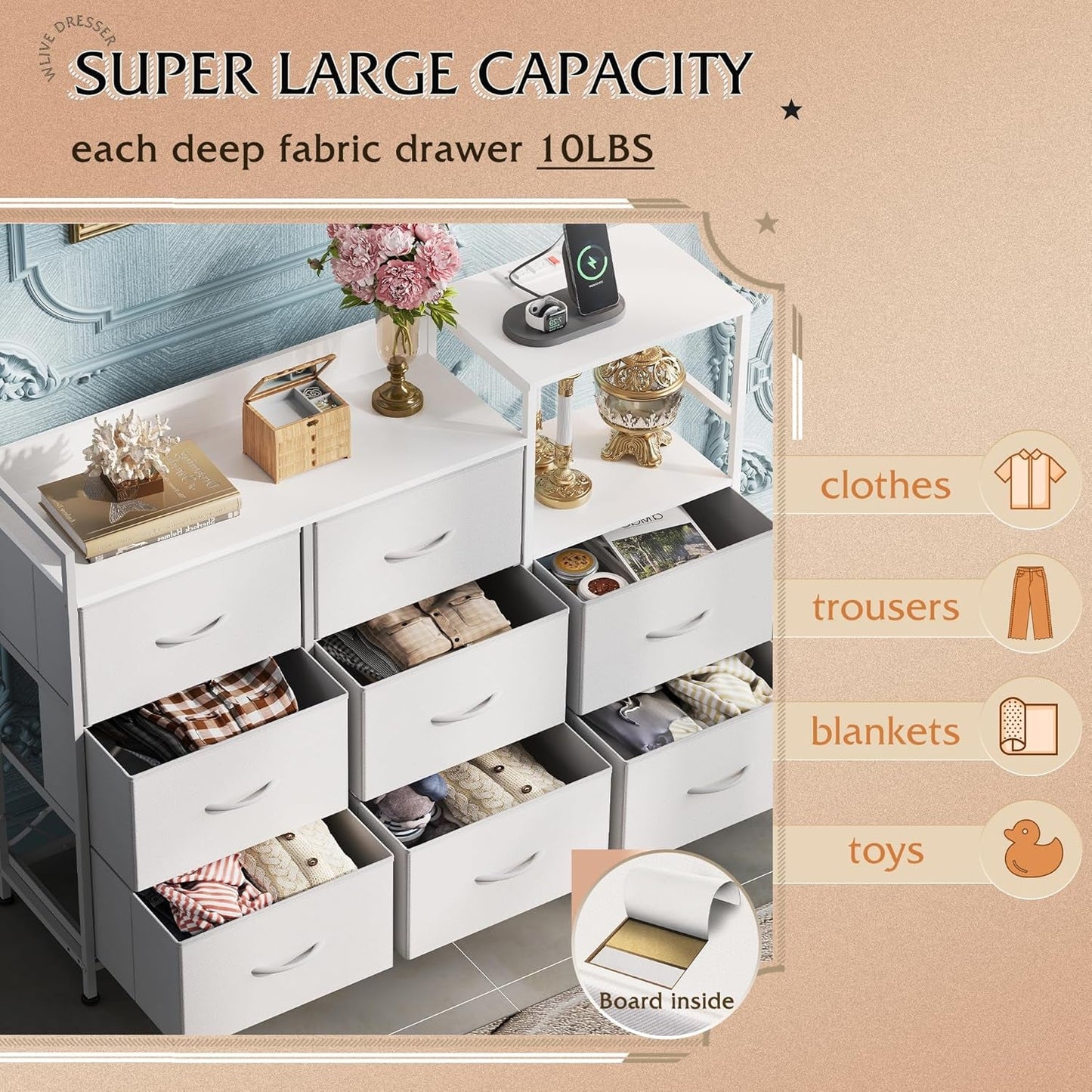 White Dresser TV Stand with Charging Station and Drawers