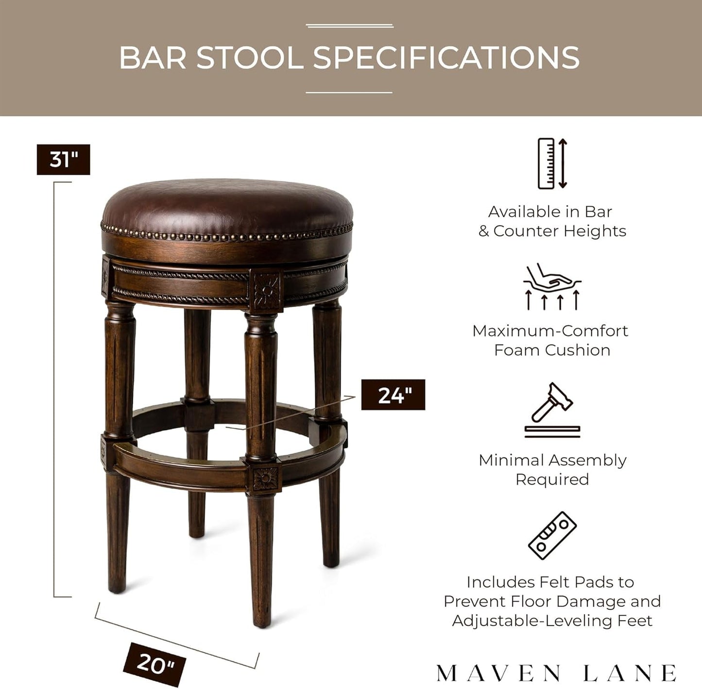 Pullman 31 Inch Tall Bar Height Upholstered Backless Barstool in Dark