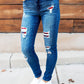 Dark Wash Mid Rise Distressed Plaid Patch Skinny Jeans