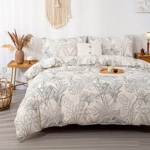 Elegant Leaf Print 3Piece Duvet Cover Set