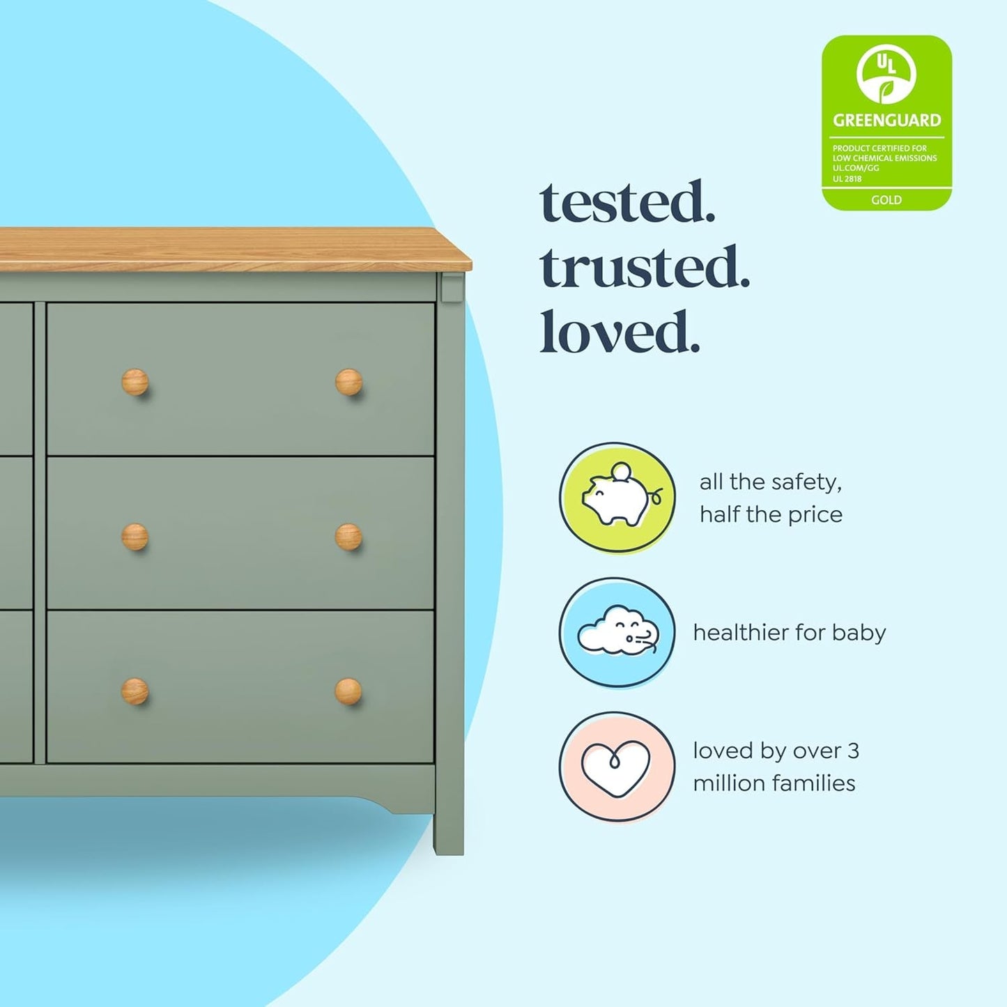 Shea 6-Drawer Dresser in Light Sage and Honey, GREENGUARD Gold