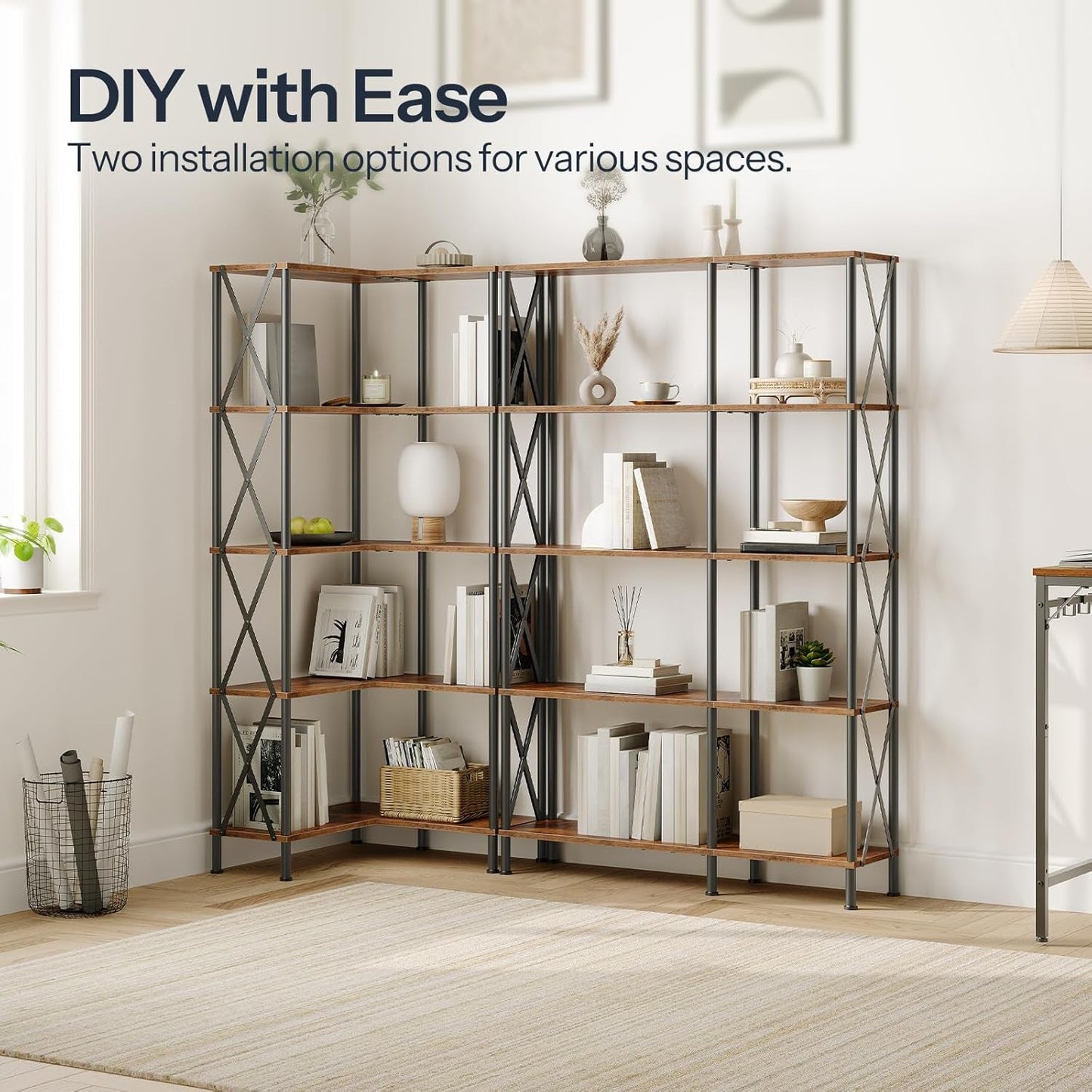 Corner Bookshelf, 5-Tier L-Shaped Bookcase, Industrial Open Display