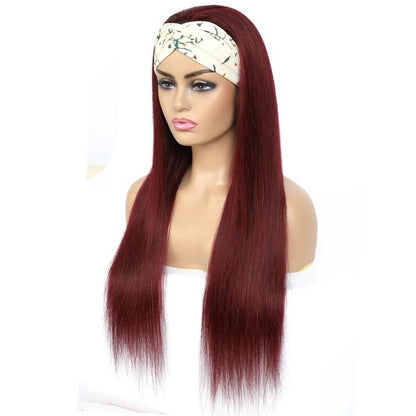 Burgundy Headband Straight Human Hair Wig #99J  Scarf Wig No GLUE Easy - Walbiz.com