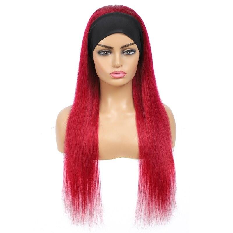 Burgundy Headband Straight Human Hair Wig #99J  Scarf Wig No GLUE Easy - Walbiz.com
