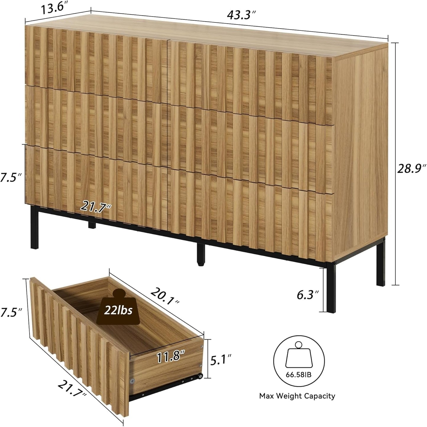 Fluted 6 Drawer Dresser with Metal Stand, Mid Century Modern
