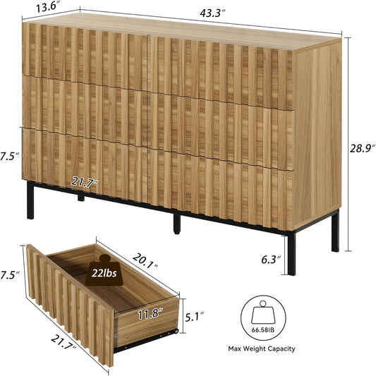 Fluted 6 Drawer Dresser with Metal Stand, Mid Century Modern