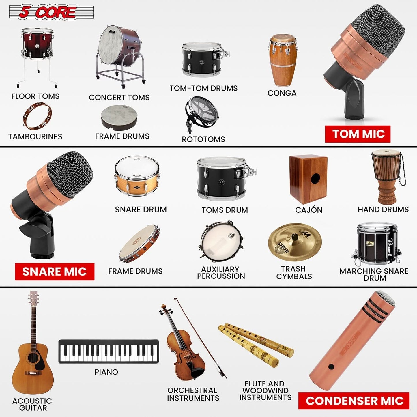 5Core Drum Mic Kit 7 Pcs Kick Bass Tom Snare Dynamic Microphone