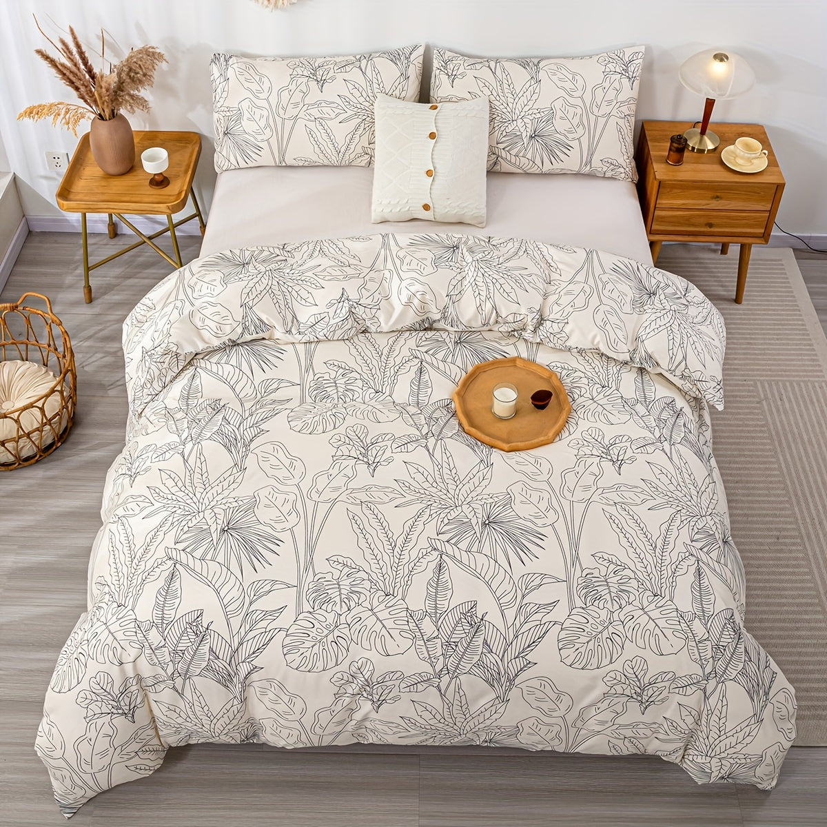 Elegant Leaf Print 3Piece Duvet Cover Set
