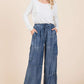Mittoshop Washed Elastic Waist Cargo Wide Leg Pants