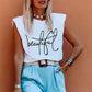 White Padded Shoulder Letter Print Tank Top
