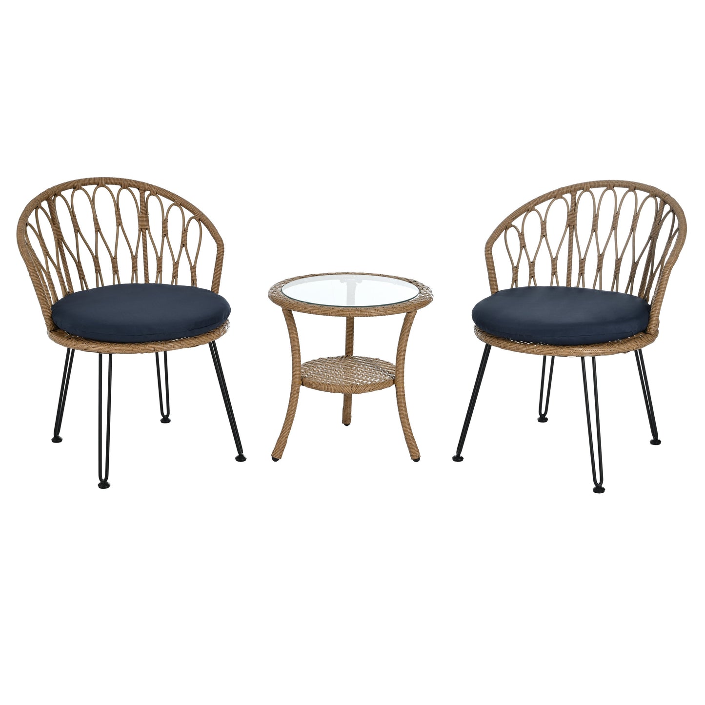 Outdoor Leisure Set, 2 Rattan Single Chairs with A Glass Round Table,
