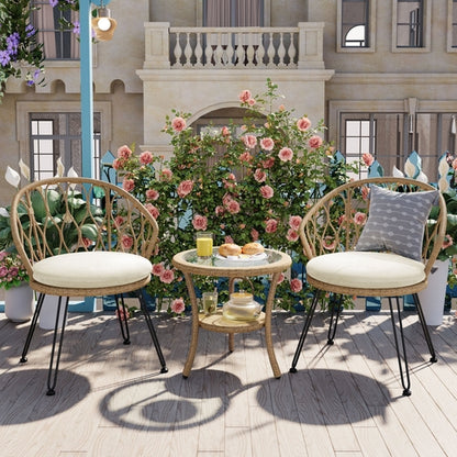Outdoor Leisure Set, 2 Rattan Single Chairs with A Glass Round Table,