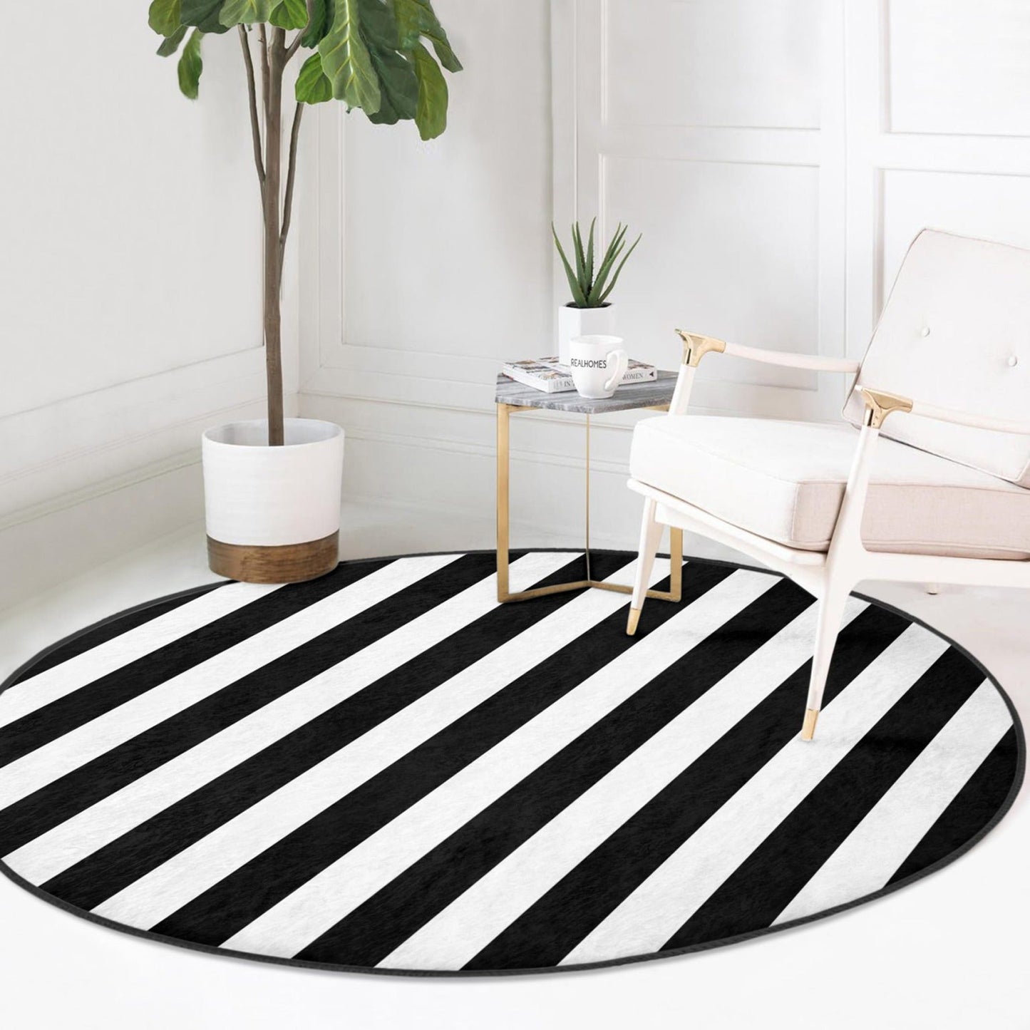 Black and White Decorative Round Carpet, Living Room Round Rug, Non