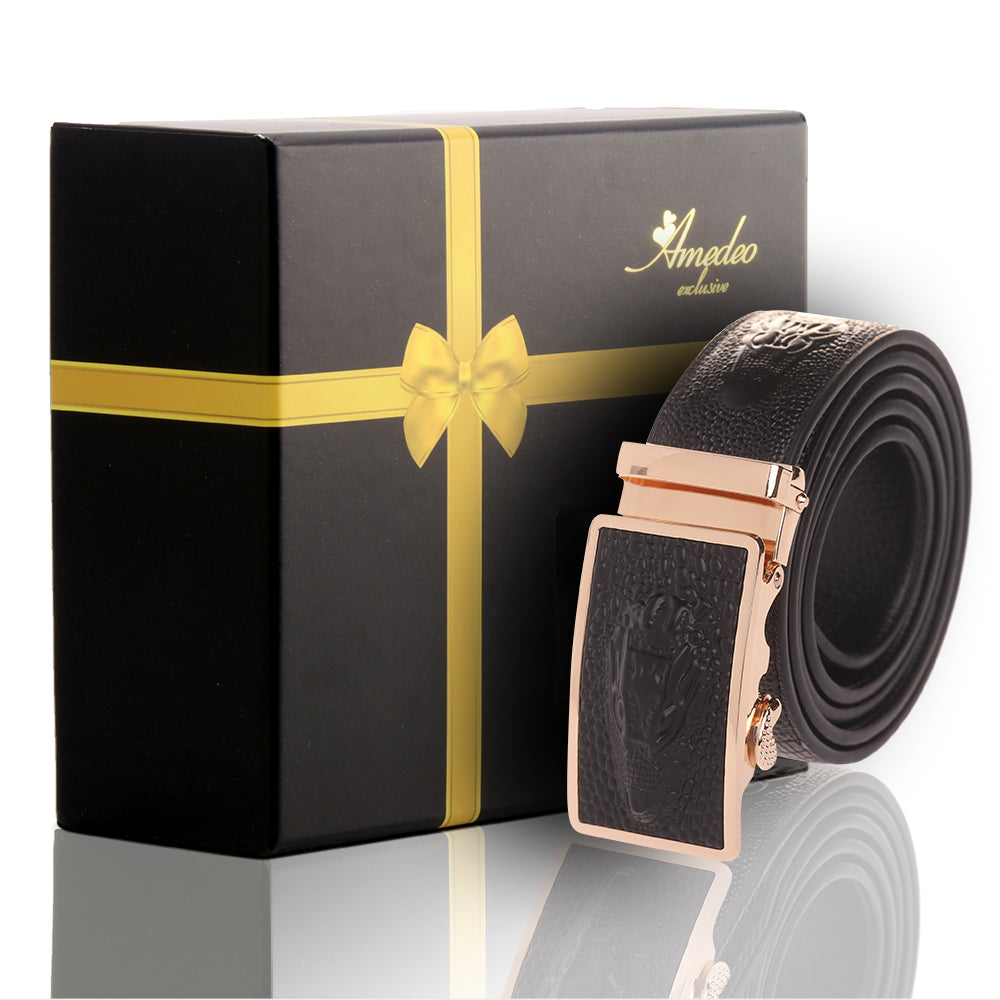 Men's Smart Ratchet No Holes Automatic Buckle Belt in Black & Gold