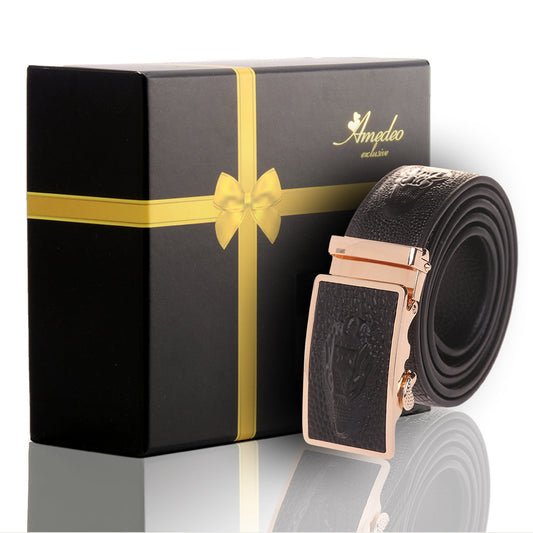 Men's Smart Ratchet No Holes Automatic Buckle Belt in Black & Gold